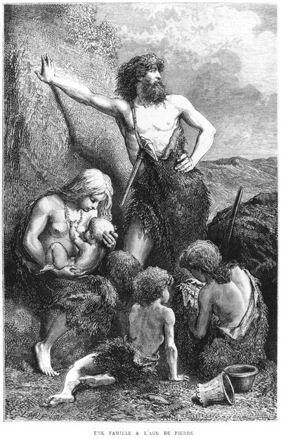 A family during the stone age, illustration from 